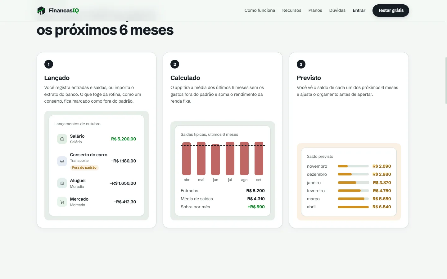 FinançasIQ: etapas lançado, calculado e previsto